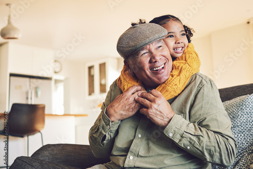 Photography Hug, grandparent playing or happy child in family home on sofa with love or care bonding together