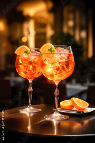 Aperol spritz cocktail in luxury restaurant atmosphere. Generative AI. 