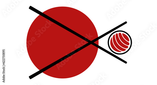 Sushi emblem. Japanese flag, chopsticks. Chopsticks and sushi roll. Flat vector illustration isolated on white background.