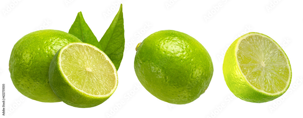 Lime set on a white isolated background. Lime slices with leaves from different sides close-up. Suitable for advertising banner or packaging label.