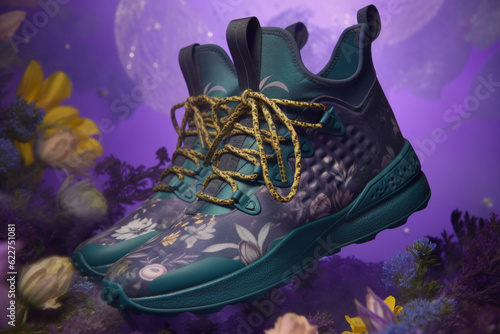 A sneaker design with a floral pattern inspired by nature on a fantasy purple background