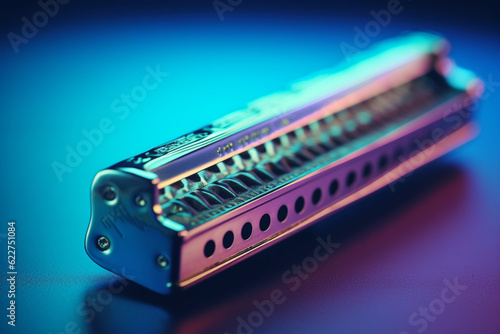 Close-up of a harmonica on a blue and purple background