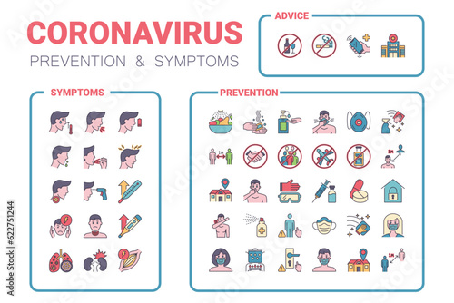 Coronavirus pandemic infographic icons set. Covid 19 prevention, symptoms and avoid. Virus icons set for websites. 2019 nCoV protection tips