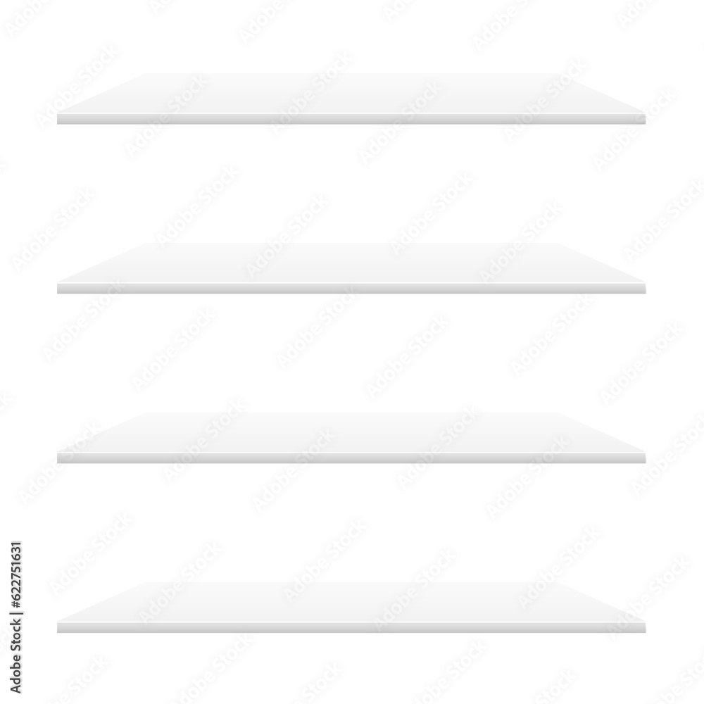 White shelves mockup. Four empty shelves template. Realistic bookshelf design. Home interior elements on a wall. Horizontal shelf set. 3D realistic vector illustration isolated on white. White shelves mockup. Four empty shelves template. Realistic bookshelf design. Home interior elements on a wall. Horizontal shelf set. 3D realistic vector illustration isolated on white.