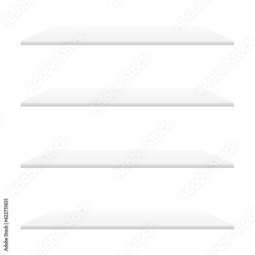 White shelves mockup. Four empty shelves template. Realistic bookshelf design. Home interior elements on a wall. Horizontal shelf set. 3D realistic vector illustration isolated on white.