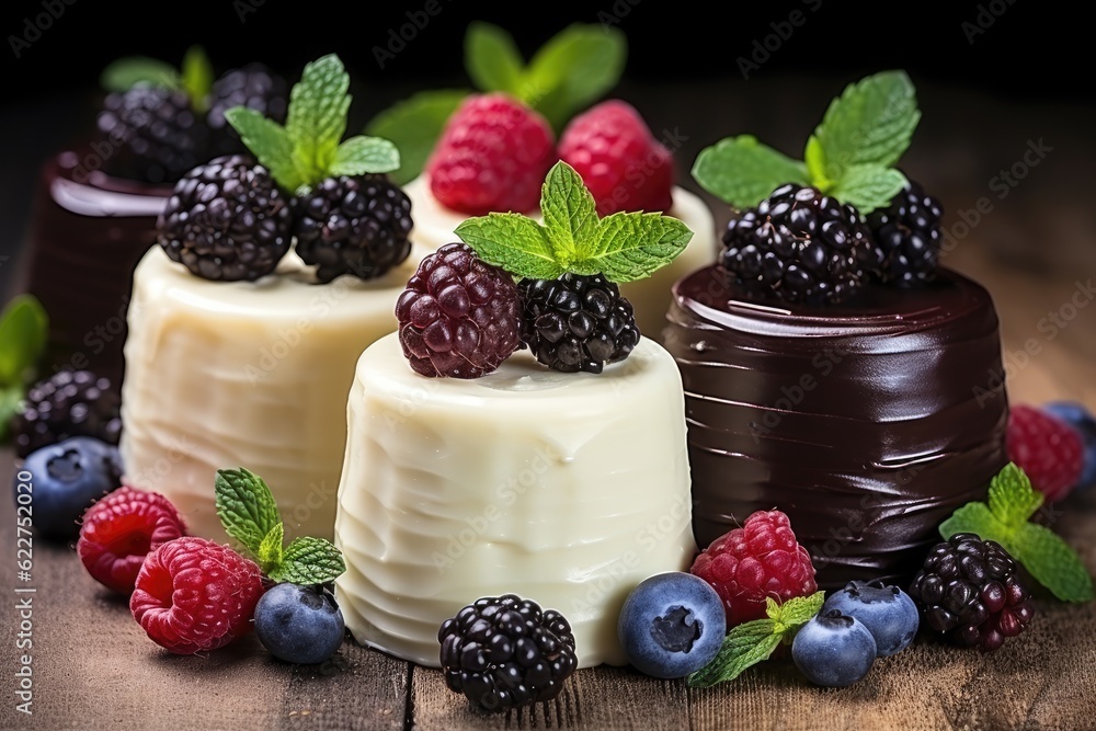 Assorted different mini cakes with cream, chocolate and berries Assorted different mini cakes with cream, chocolate and berries
