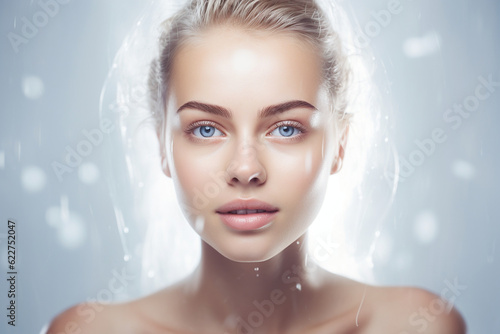 Schönes gepflegtes Frauen Gesicht mit natürlichen Make up für Kosmetik und Permanent Make up mit Wassertropfen Poster Nahaufnahme, ai generativ