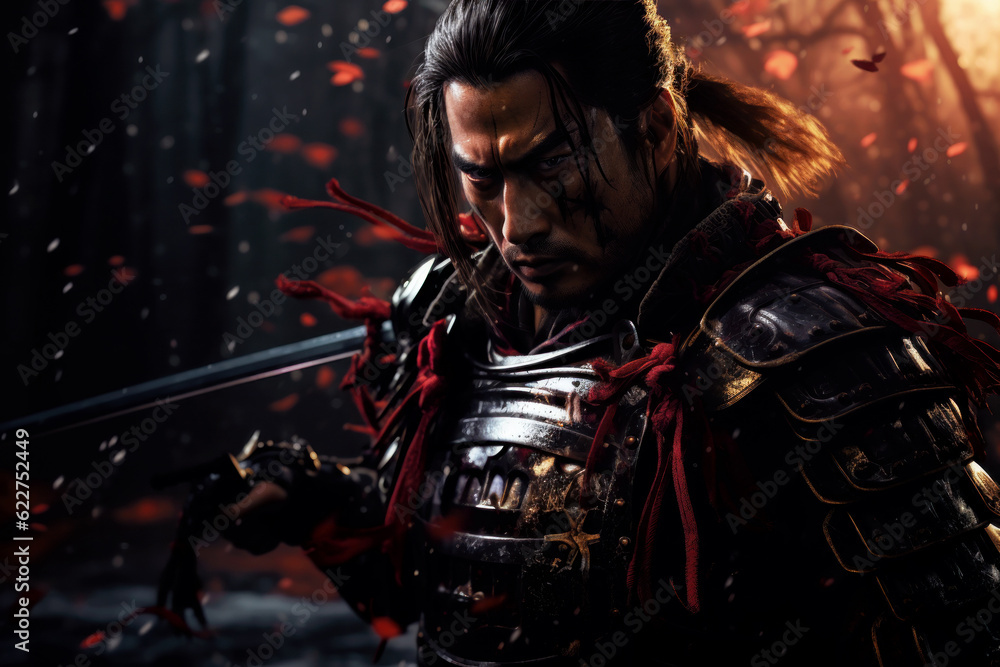 Japanese warlord fighting on the battlefield, Generative AI Japanese warlord fighting on the battlefield, Generative AI