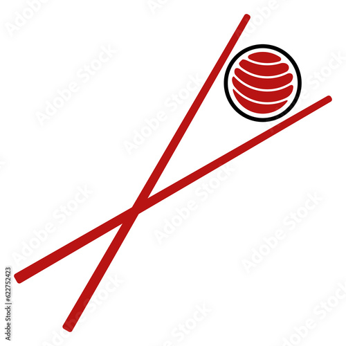 Sushi emblem. Japanese flag, chopsticks. Chopsticks and sushi roll. Flat vector illustration isolated on white background.