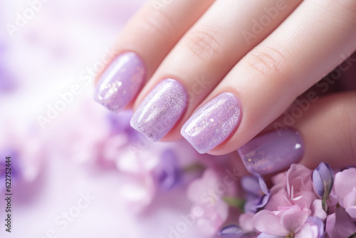 Female fingertips with purple glitter manicure, Generative AI