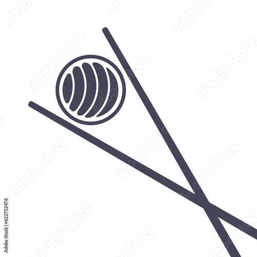 Sushi emblem. Japanese flag, chopsticks. Chopsticks and sushi roll. Flat vector illustration isolated on white background.