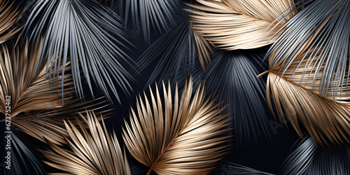 bronze palm leaves on dark gray background with copy space for text created with AI 