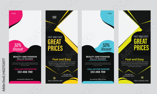 Rollup banner design with shapes minimalistic of different styles for company promotion