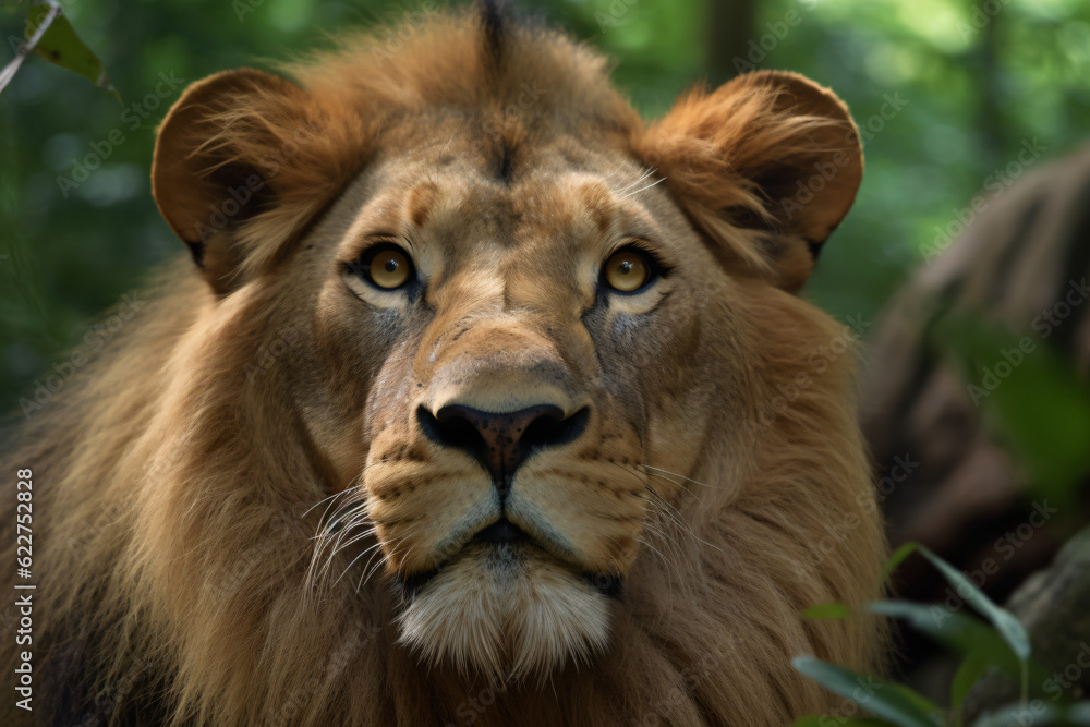 photo of a lions face against a green forest background