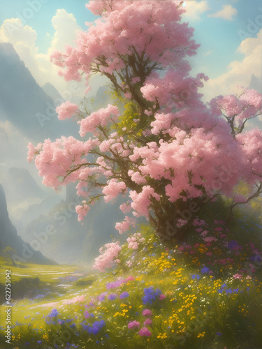 Whimsical spring valley. AI generated illustration