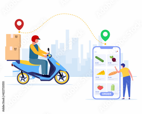Online Order grocery shopping on mobile screen and Delivery service at home Concept of Online food ordering and delivery 