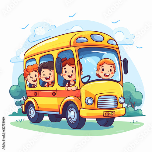 AI generated image, vector illustration. Group of smiling children on a yellow school bus.