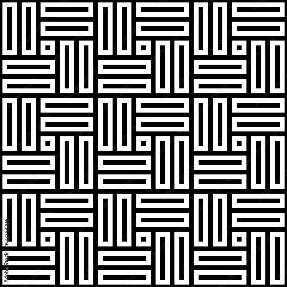 Parquet pattern. Basket weave motif. Braiding stripes ornament wallpaper. Seamless surface pattern design with black polygons. Digital paper for textile print, web designing. Ethnic embroidery art. Parquet pattern. Basket weave motif. Braiding stripes ornament wallpaper. Seamless surface pattern design with black polygons. Digital paper for textile print, web designing. Ethnic embroidery art.