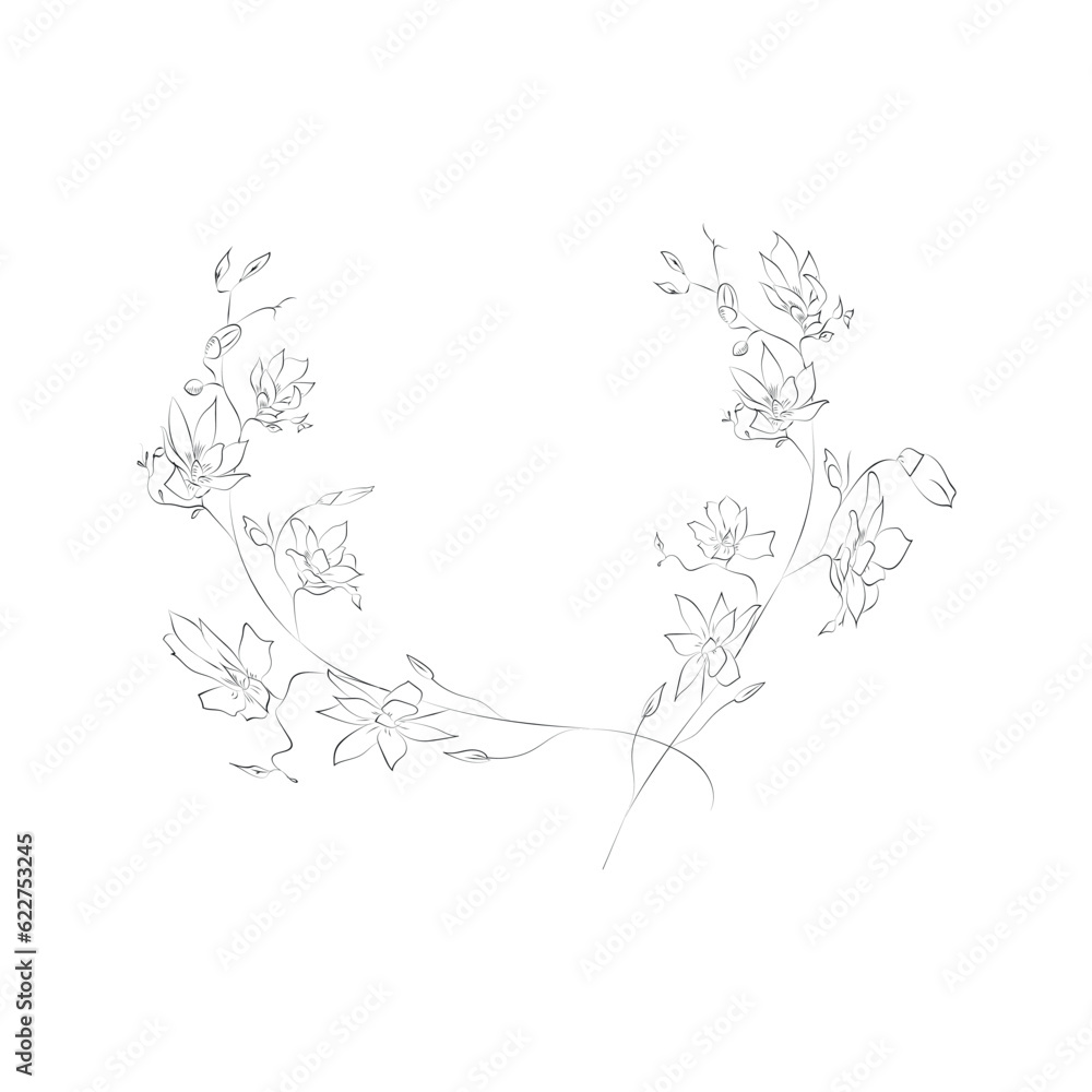 Line Drawing Botanical Wreath. Herbs and florals 16