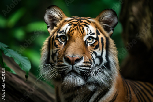 photo of a tigers face against a green forest background