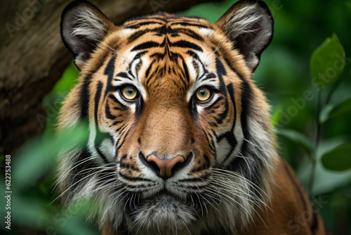 photo of a tigers face against a green forest background © wendi