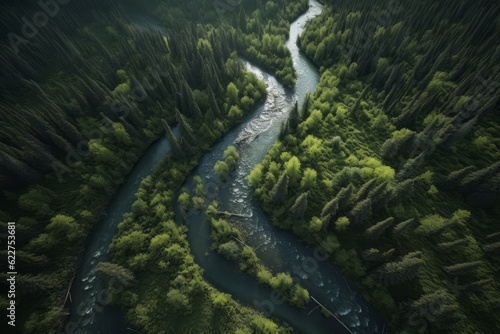 winding river in the forest, Wild Forest River from an Above Perspective, Inspired by Native American, First Nations, and Alaska Native Art, Amidst Norwegian Nature Green Majesty