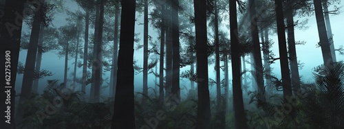 Silhouettes of trees on a light background, fog in the forest, morning park in the sun, 3d rendering