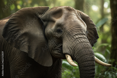 photo of an elephants face against a green forest