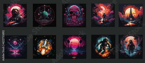 set of T-shirt design of a space and travelling.
ai generetive