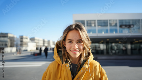 Hübsche junge Repoterin im Regenmantel vor einem Gebäude und lacht, ai generativ