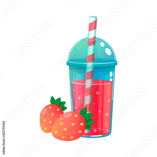 Strawberry juice, cocktail in a plastic cup, summer drink. Vector illustration, cartoon.
