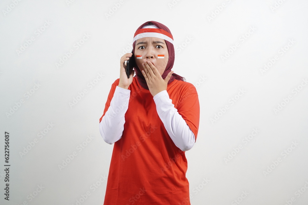 Indonesian independence day, Shocked Woman calling gesture Indonesian independence day, Shocked Woman calling gesture