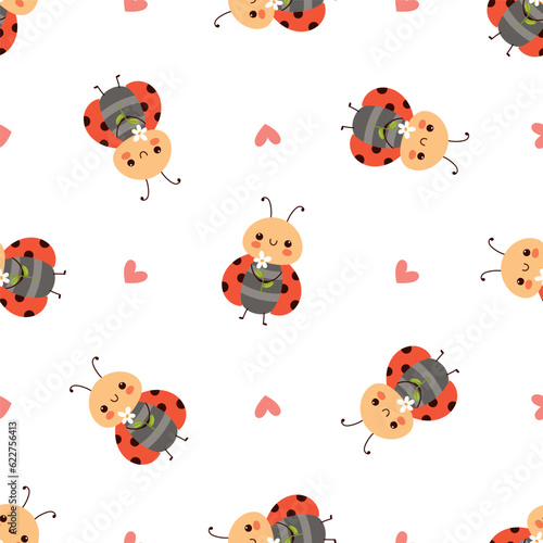 Cute ladybug seamless pattern. Flat vector illustration isolated on white background.
