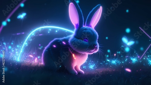 rabbit with neon art illustration, generative Ai art