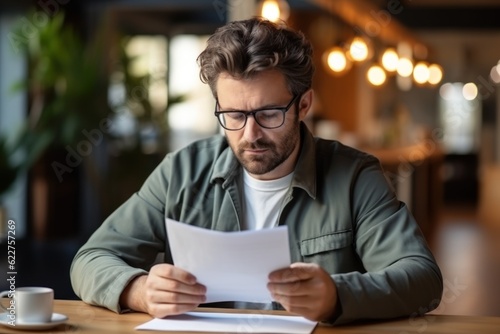 The depressed young Caucasian man sitting at home office desk on laptop reading documents Millennial men get distracted from computer work. Consider posting paperwork or news correspondents