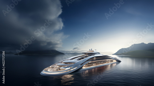 Luxus Schiff Yacht für Personenverkehr eines Oligarchen im Meer bei Sonnenuntergang mit toller Aussicht, ai generativ