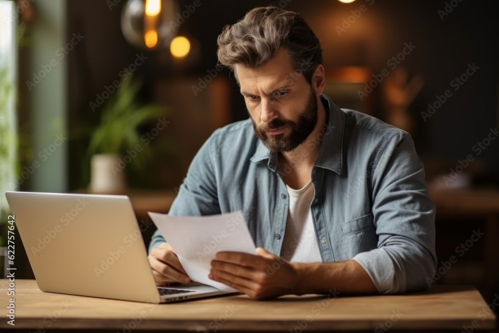 The depressed young Caucasian man sitting at home office desk on laptop reading documents Millennial men get distracted from computer work. Consider posting paperwork or news correspondents The depressed young Caucasian man sitting at home office desk on laptop reading documents Millennial men get distracted from computer work. Consider posting paperwork or news correspondents
