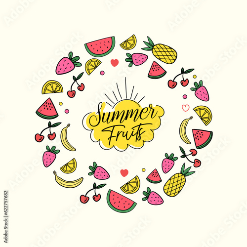Hand drawn summer fruits illustration collection watermelon pineapple banana strawberry and lemon