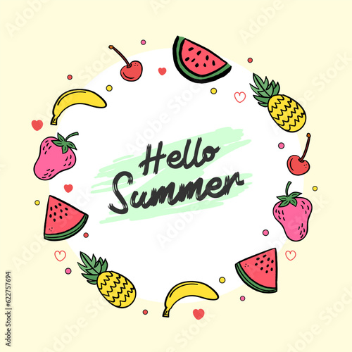Summer fruits frame with watermelon pineapple banana strawberry and cherry