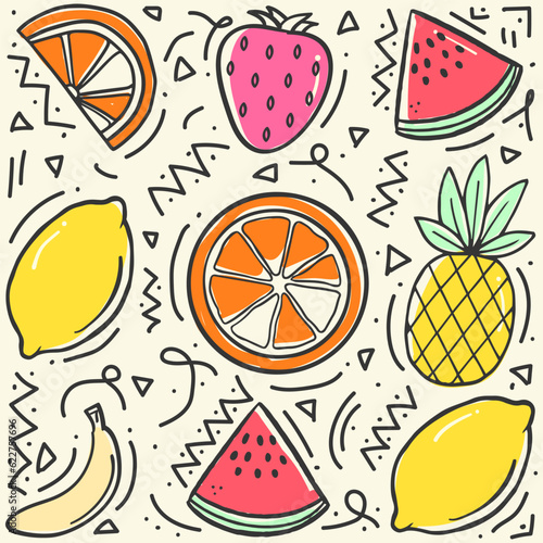 Hand drawn summer doodle background with fruits watermelon pineapple banana and strawberry