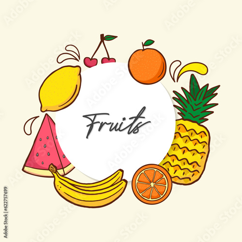Summer fruits frame with watermelon pineapple banana strawberry and cherry
