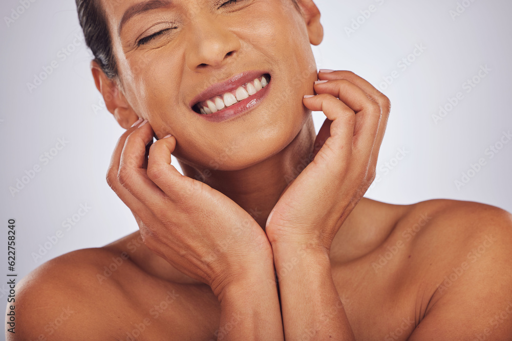 Self care, dermatology and mature woman with skincare, makeup and aesthetic on a studio background. Female person, face or model with luxury cosmetics, natural beauty or wellness with a glow or smile Self care, dermatology and mature woman with skincare, makeup and aesthetic on a studio background. Female person, face or model with luxury cosmetics, natural beauty or wellness with a glow or smile