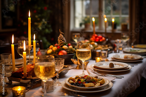 A table is laid for a stunning festive Christmas or Thanksgiving meal, with beautiful candles and table decor. Generative AI.