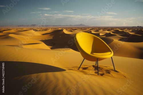 yellow chair in the sand dunes in the desert, ellow Chair in Desert Sand, Embracing Vray Tracing and the Exotic Landscapes of Dunes, Surrounded by Naturalistic Shadows © Ben