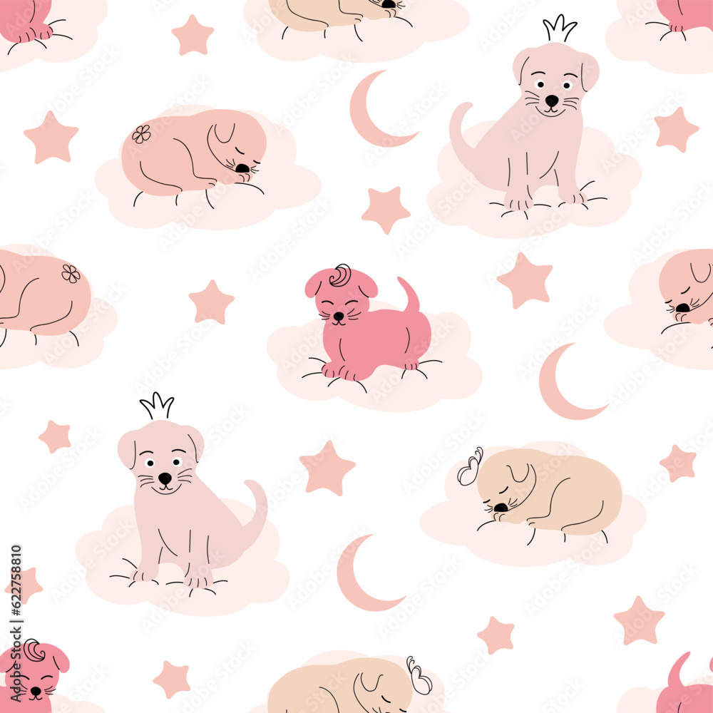 Obraz premium Cute sleeping puppy, clouds, stars, crown, butterflies Seamless pattern. Gentle colors. For newborns