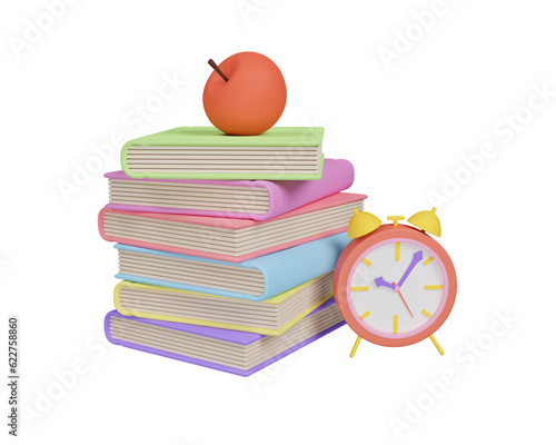 Books, alarm clock and apple, isolated on white. Education concept with books. 3d rendering