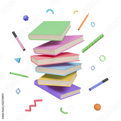 Pile of books and school supplies on white background. Back to school concept. 3d rendering