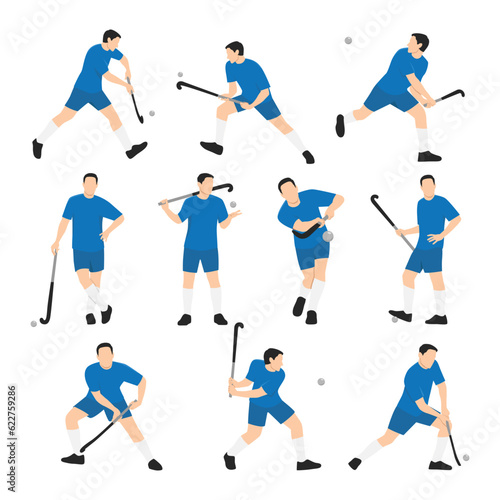 Field Hockey player character set. Flat vector illustration isolated on white background