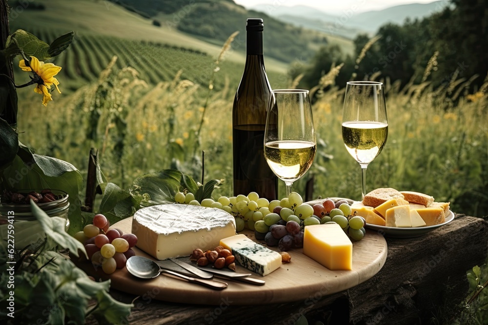 White wine in glass, grape, cheese platter, wine bottle on vineyard landscape. Picknick and wine degustation. illustration. Generative AI.