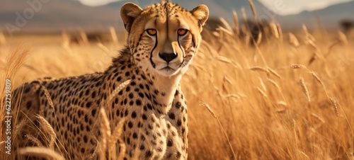Wildlife safari landscape, african cheetahs animals africa banner panorama long -Standing cheetah in a park in namibia  (Generative Ai)